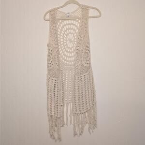 Cato Boho Cream Crochet Knit Long Hippie Vest W/ Fringe Size M Festival